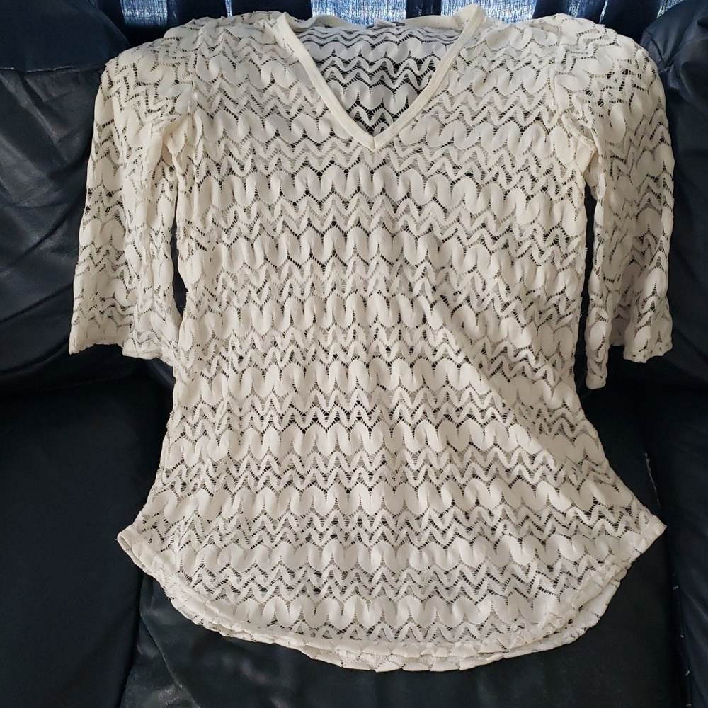 Jordan Taylor Swim Cover Up Women Large Tunic Ivory Lace Pullover 3/4 Sleeves